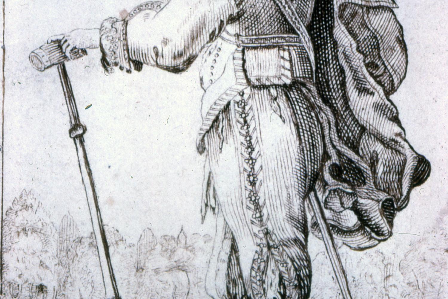 print of a renaissance era man with a fancy hat facing away from the viewer