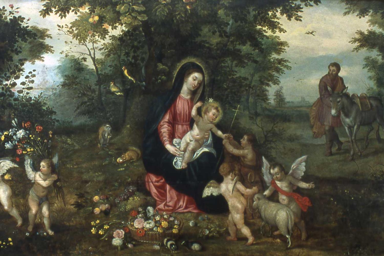 Painting of woman (Mary) holding baby (Jesus) surrounded by cherubs while man (Joseph) walks with mule.