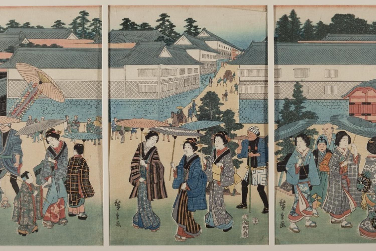 Japanese woodblock print of people near a river