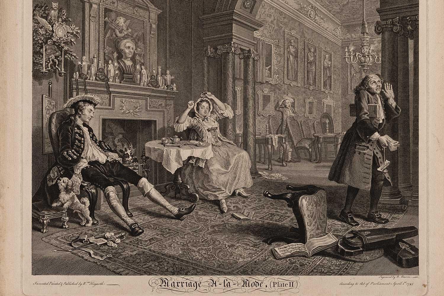 print of a domestic scene of a woman and two men