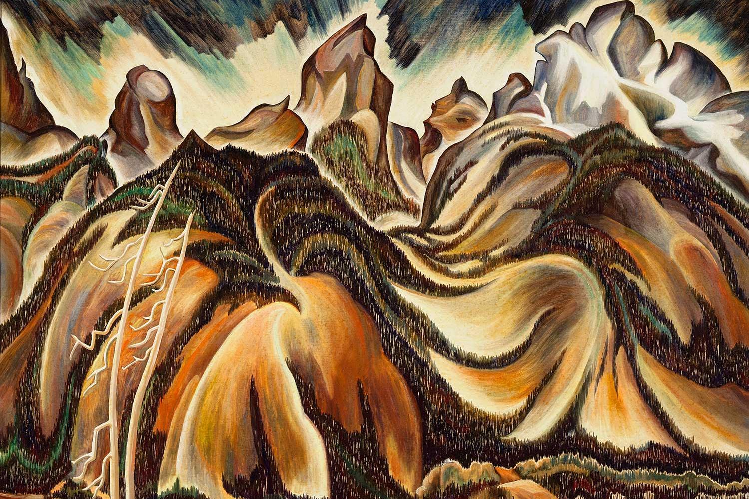 highly stylized painting of the Grand Tetons