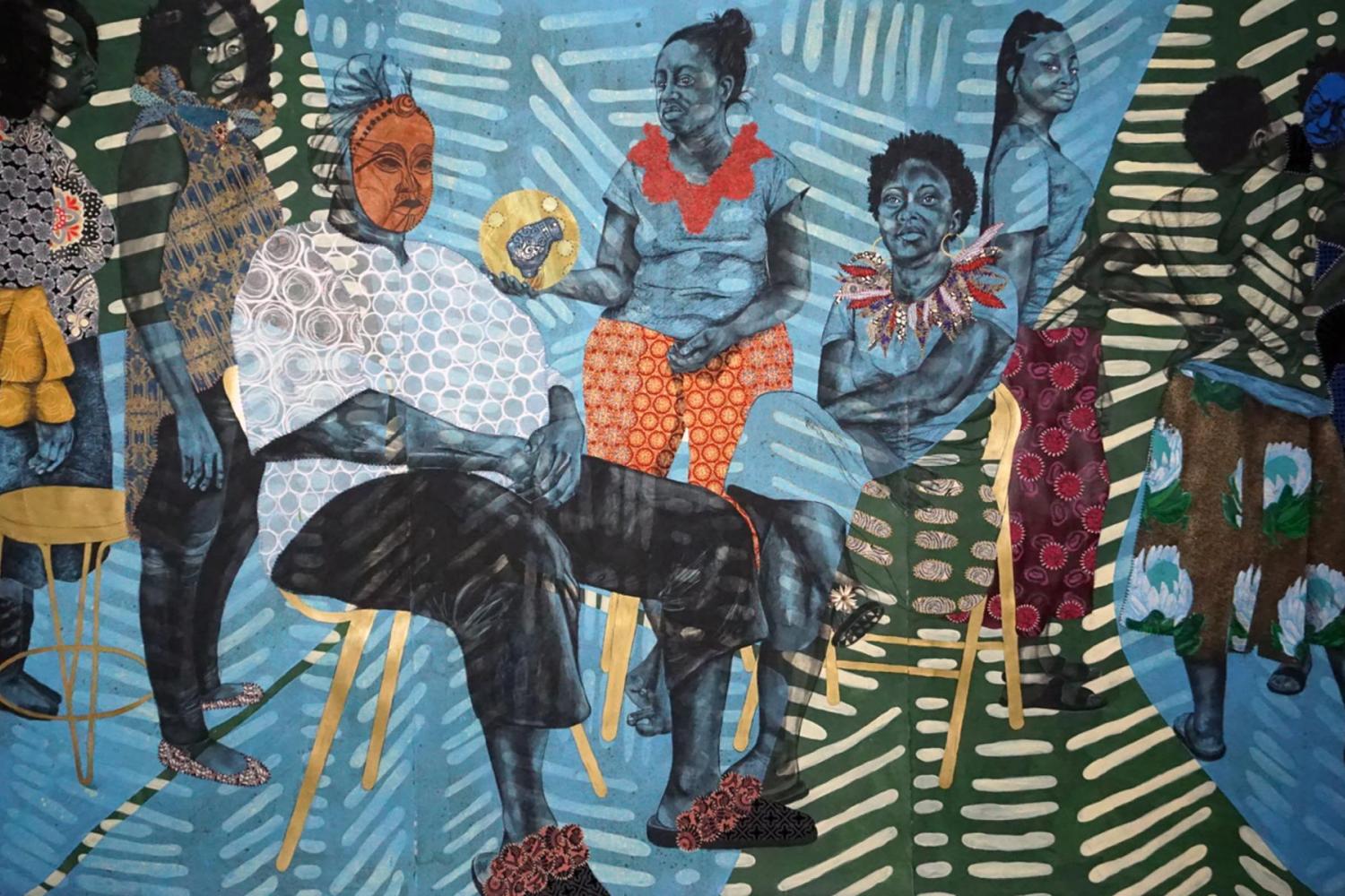Eight black women, some sitting on chairs while others stand, overlaid with colorful geometric patterns.