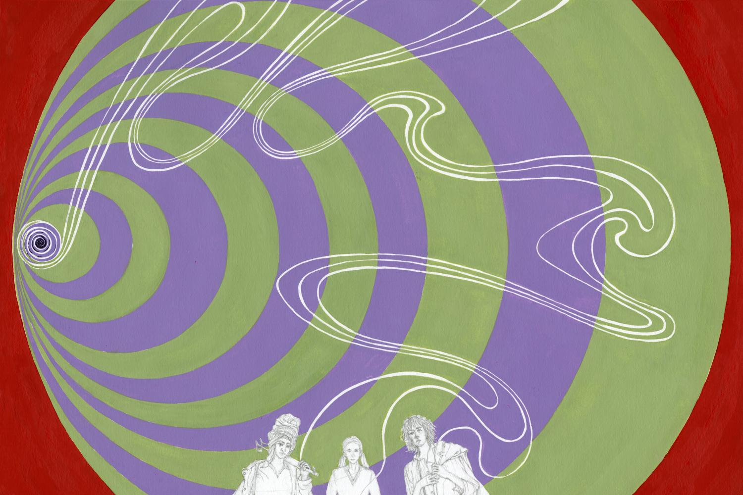red square with green and purple circles with three cream colored figures