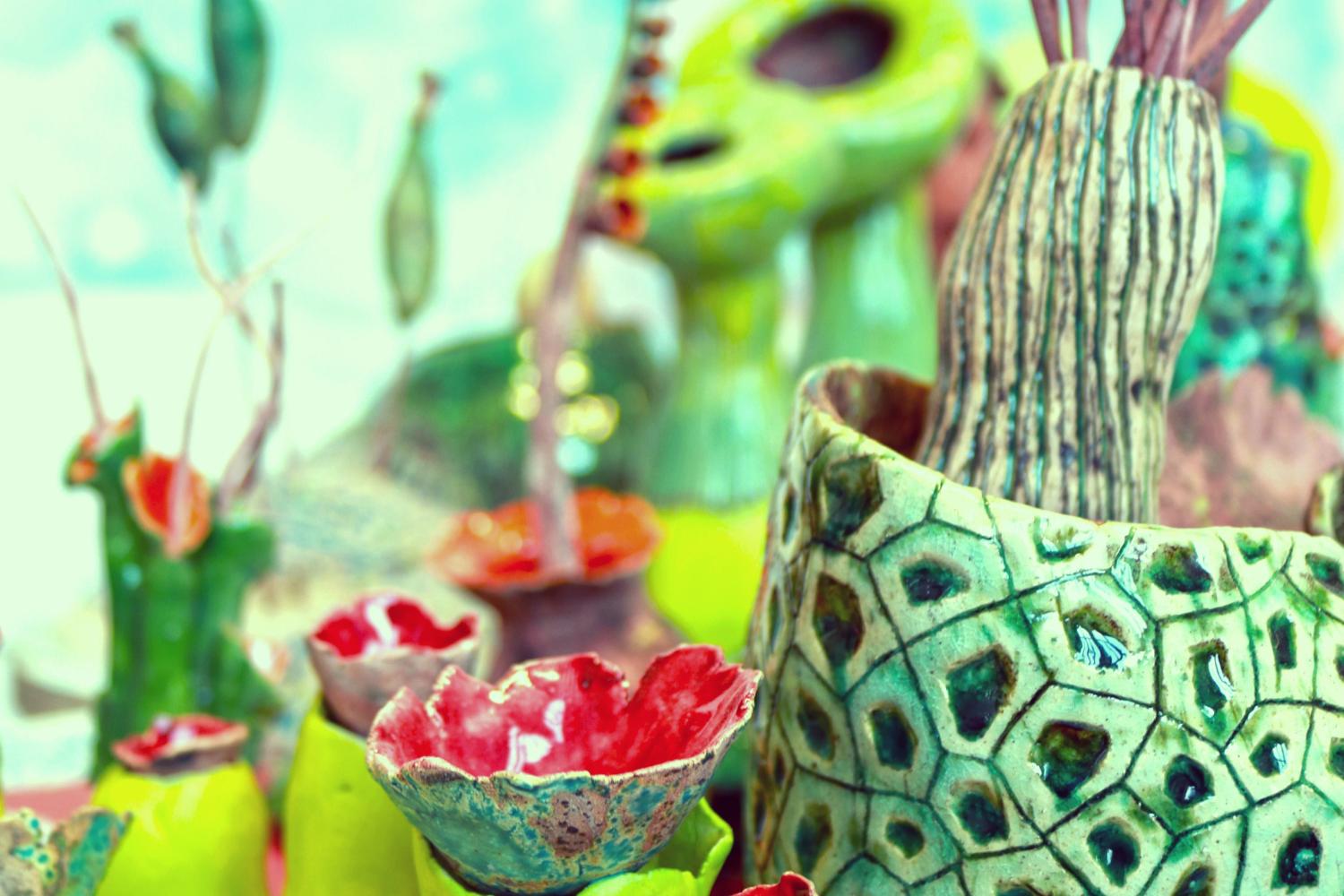 red and green brightly colored ceramic work