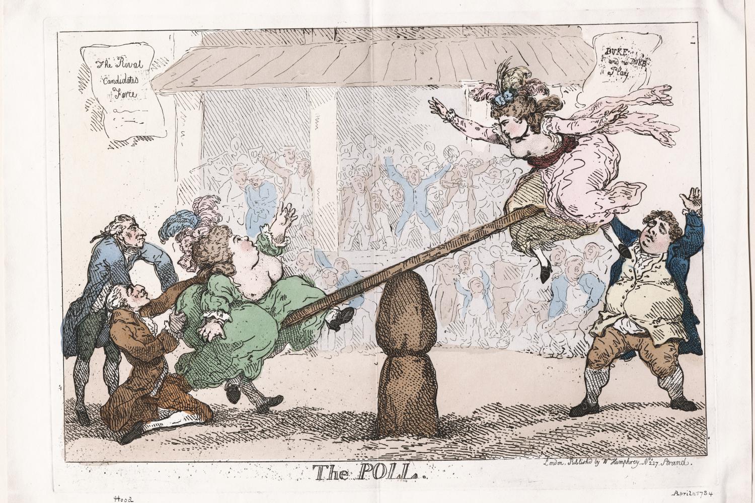 An illustration of a woman on a teeter-totter surrounded by men