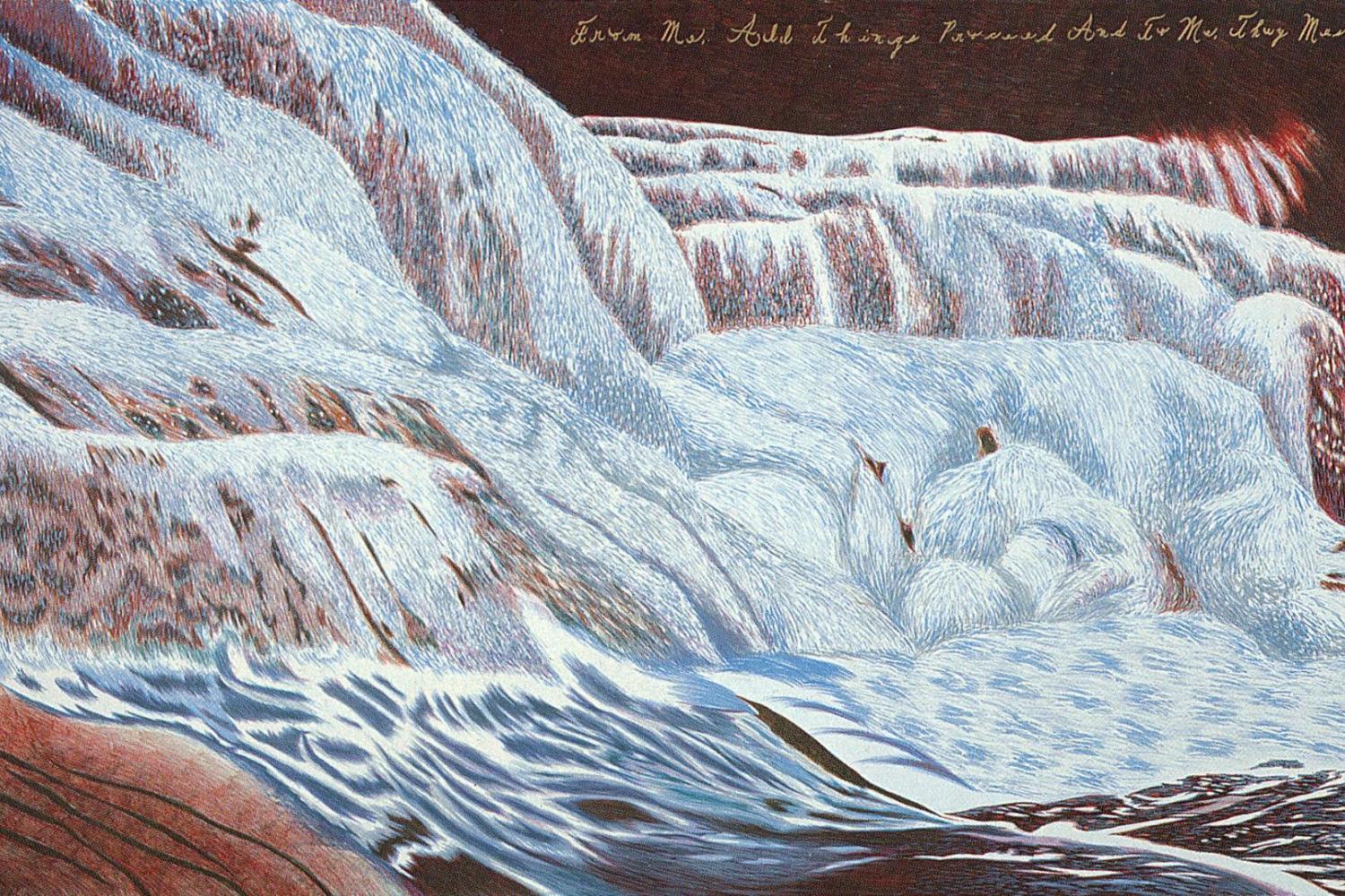 A print of a blue waterfall in a red landscape.