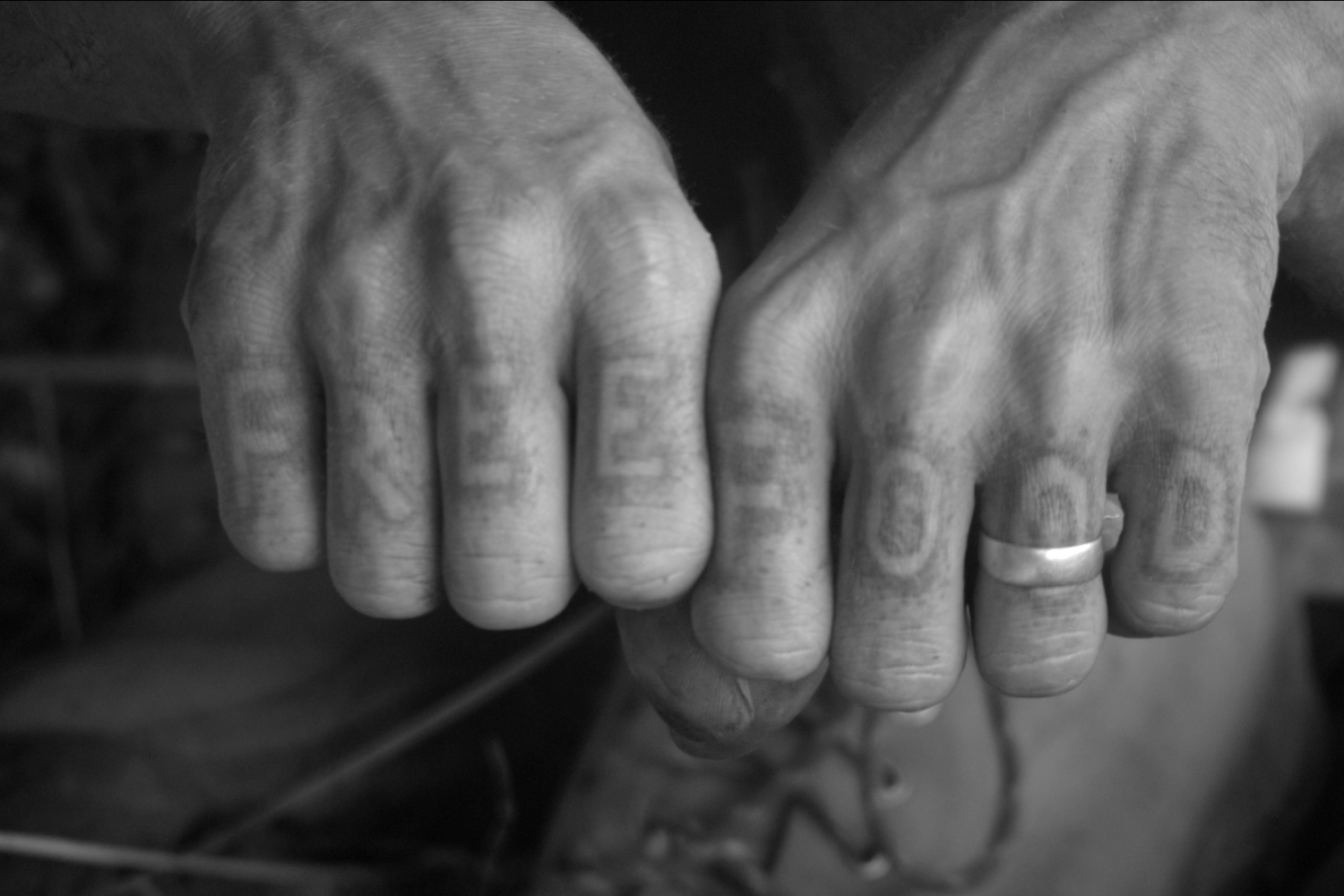 Black and white photo of a pair of fists with the words 'free' and 'food' on the knuckles.