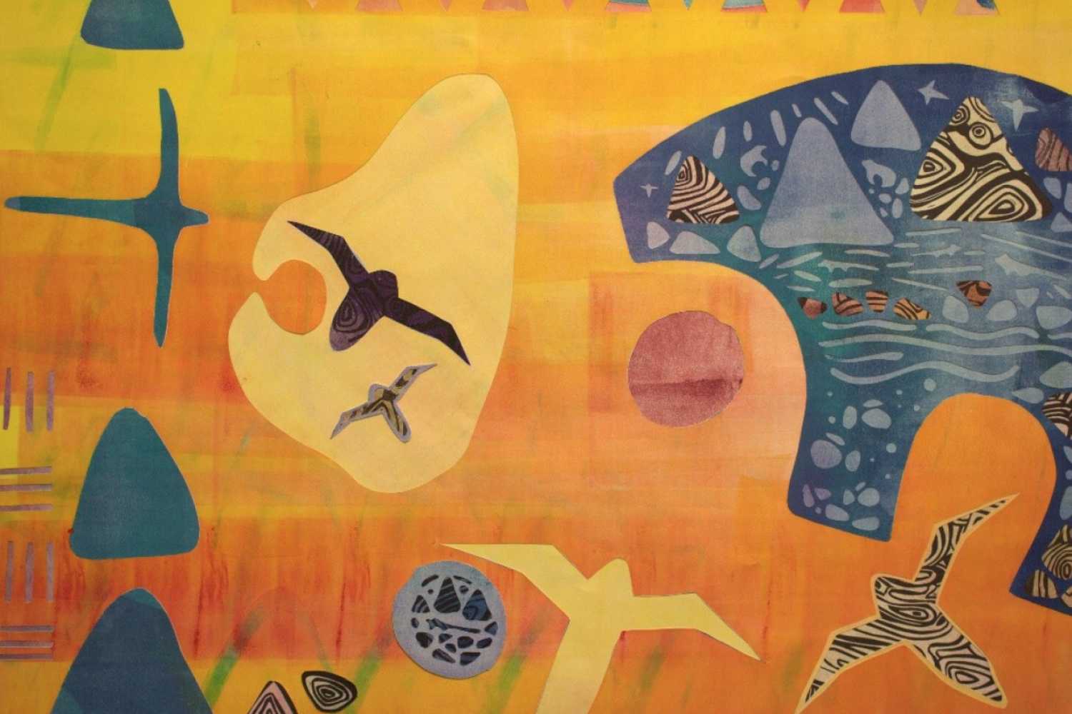 A colorful abstract artwork featuring blue, grey, and yellow birds on a warm yellow and orange background, with a blue bear on the right. Inside the blue bear are islands and water.