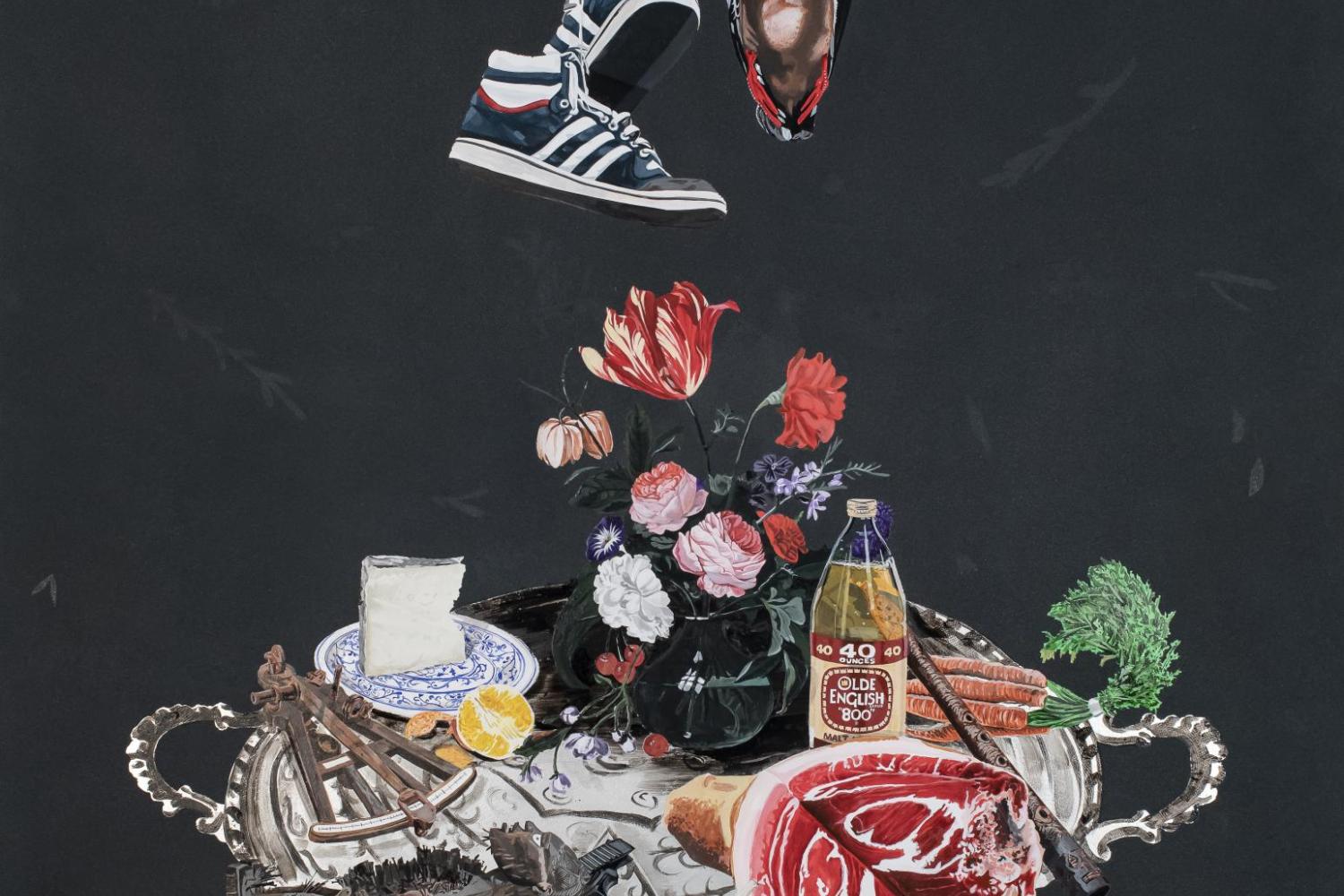A silver serving tray floating against a black background. Meat, cheese, guns, flowers and other objects are stacked atop the tray. Hanging above are a pair of shoes and a dead bird.