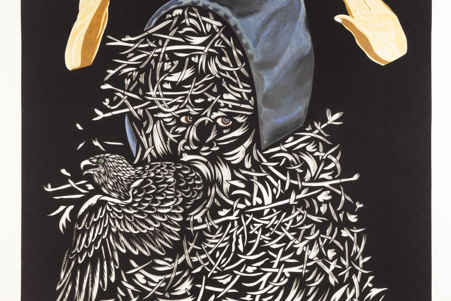 A black print featuring white cut-outs of plants that create the shape of a bird and a bust. Over the top is a grey hood from a hoodie, and in the top corners are hands.