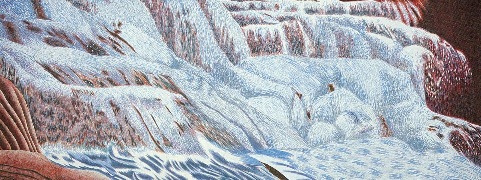 A print of a blue waterfall in a red landscape.