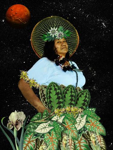 A woman with light brown skin and long, dark hair standing in front of a starry background with a red planet. She is wearing a light blue T-shirt and is covered in a collage of leaves and flowers that form a skirt and crown.