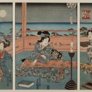 A woodblock print depicting five figures at night viewing the moon.