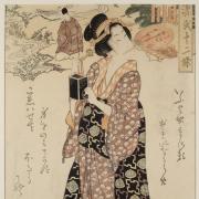 A print of a woman dressed in patterned robes, holding a black lacquer box for collecting fireflies, with a fan in her mouth. Behind her, a man looks down at a river with plants around it