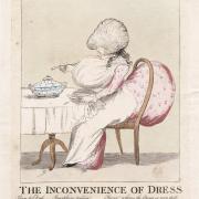 An illustration of an 18th century woman eating at a table