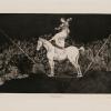 A black and white print depicting a woman standing on a horse