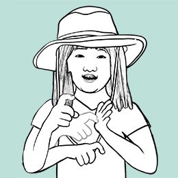 Drawing of a girl signing "archaeology" in ASL