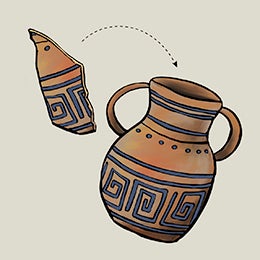 Drawing of a pot shard and a whole pot, with an arrow connecting them.