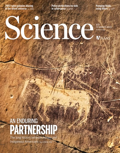 Science journal cover showing petroglyphs of rider on horse.