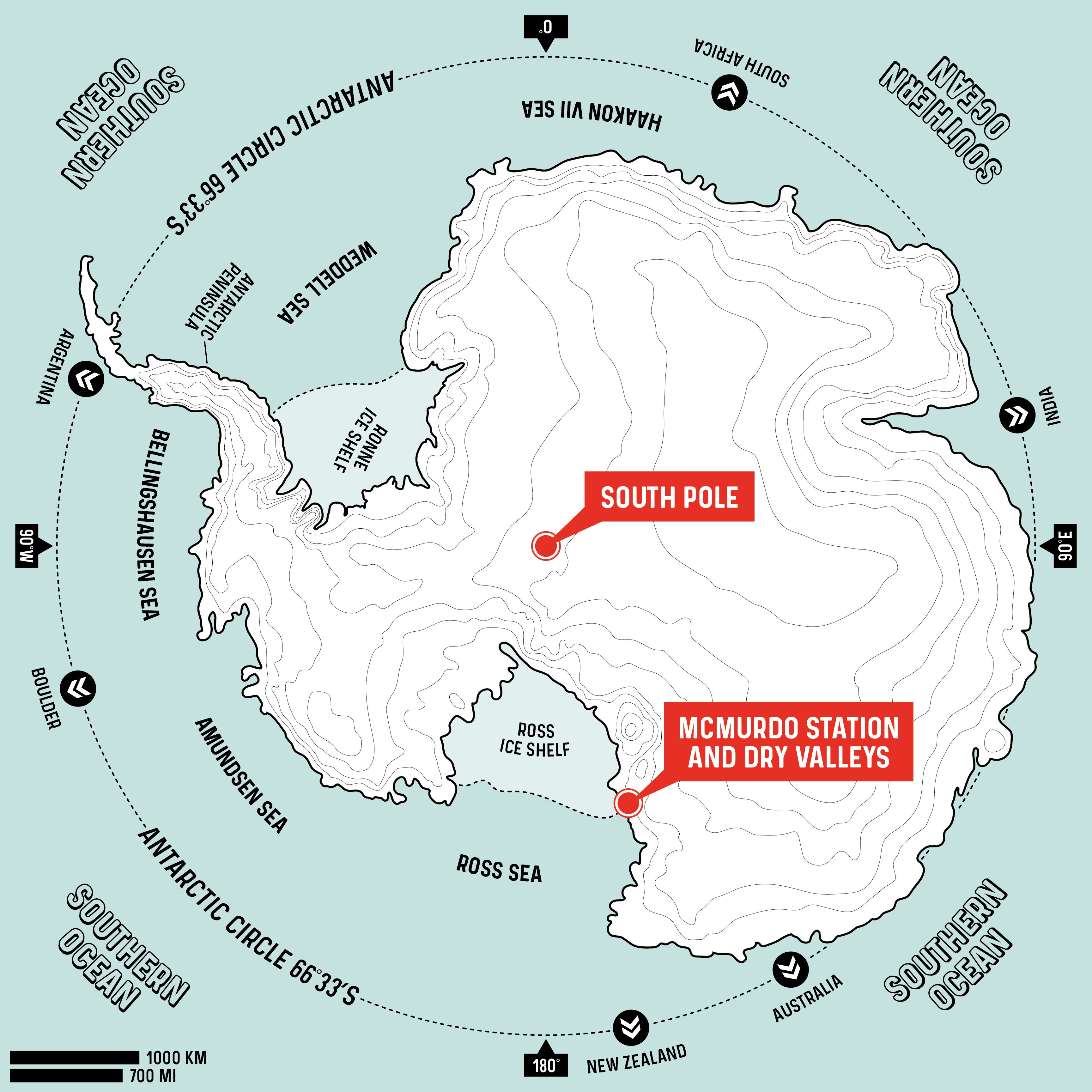 Antarctica map showing location of McMurdo and the South Pole