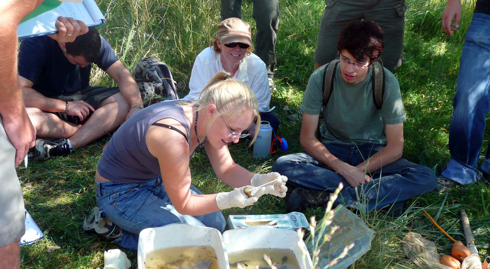 Students taking water samples in the field