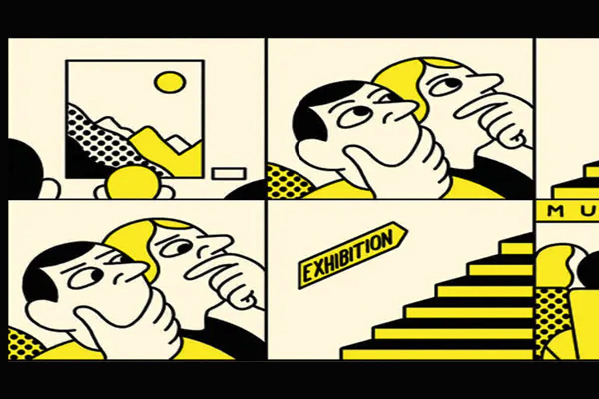 Cartoon showing museum visitor in wheelchair at bottom of stairway