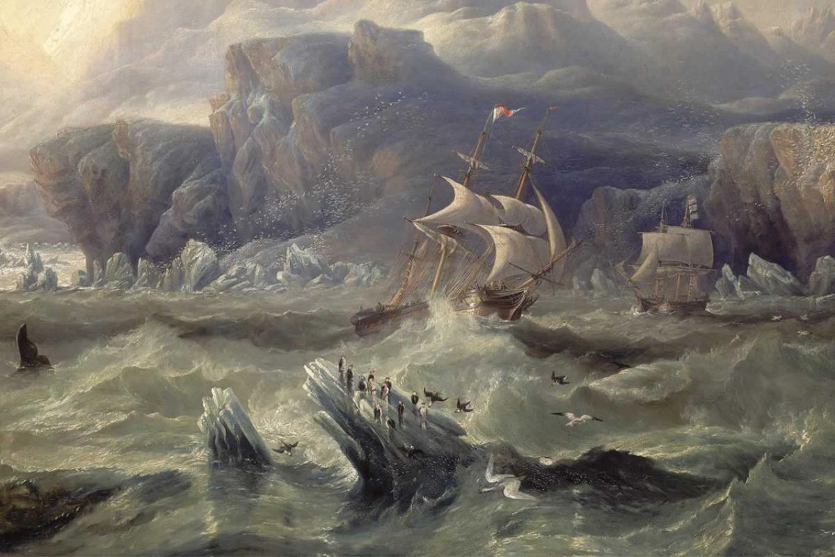 19th century oil painting with stormy sea and ship approaching Antarctic coast