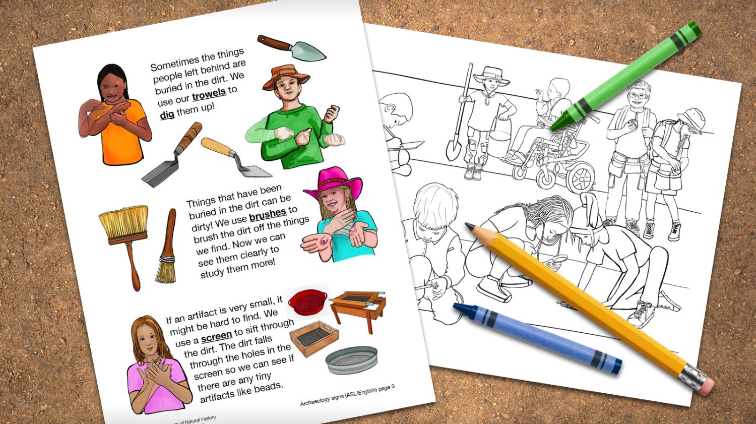 activity pages with crayons and pencils