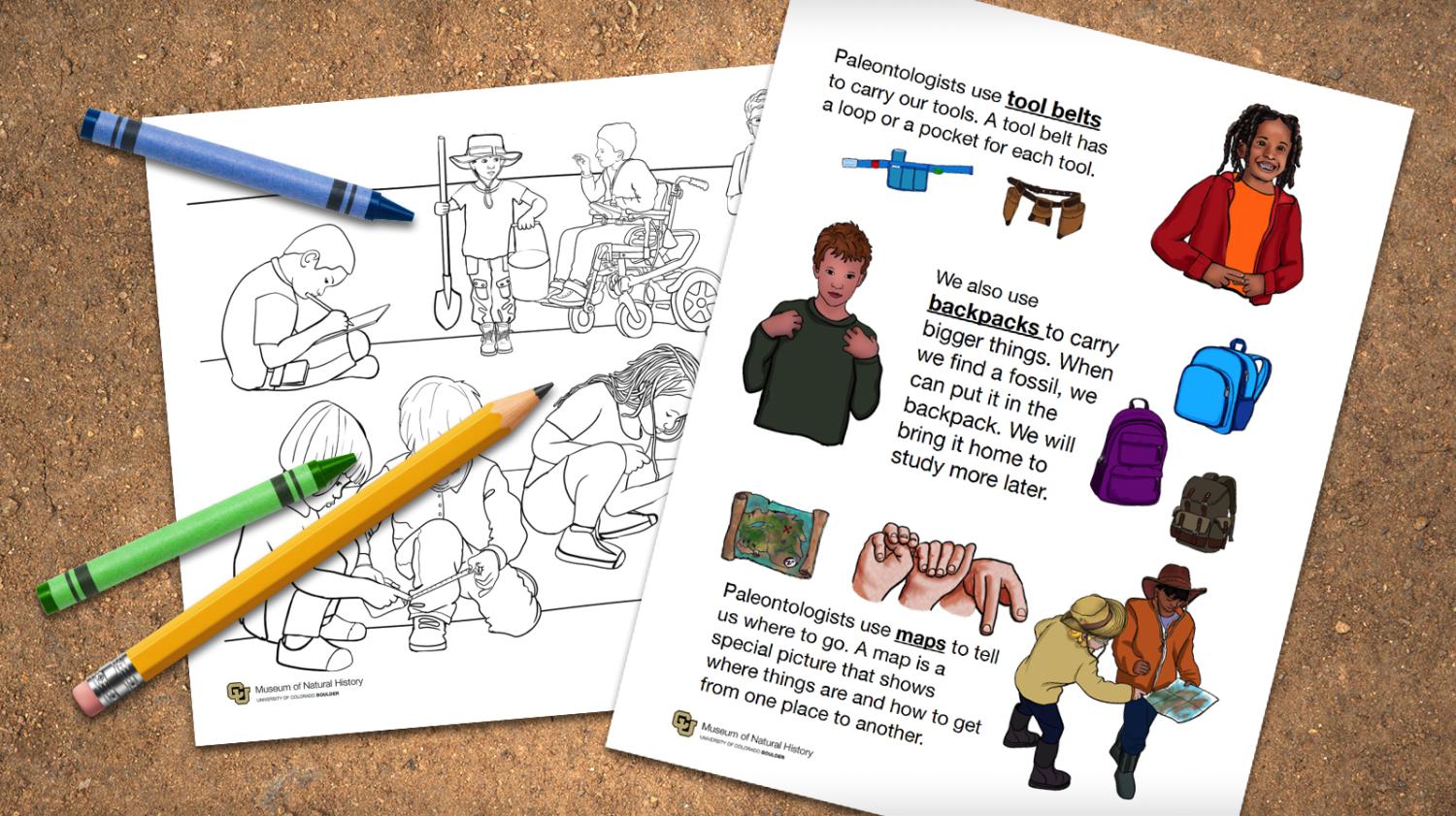 graphic with PDF pages and crayons