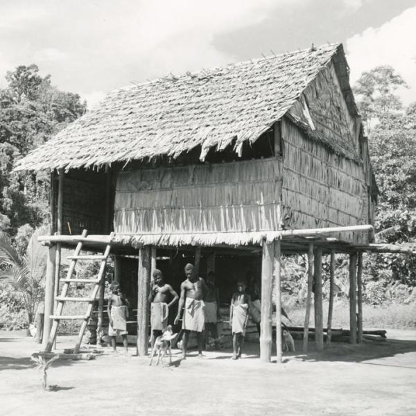 Four people plus dog underneath stilted house.