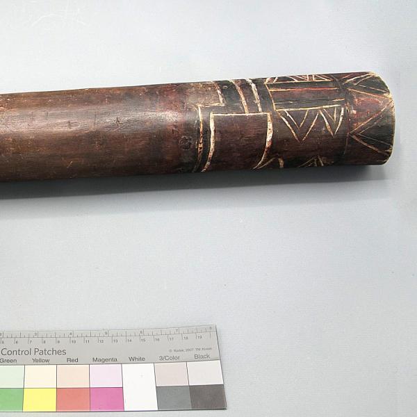 A carved wooden horn from Riga Mission, Bougainville Island. This horn was used to make music during sing-sings. (07462)