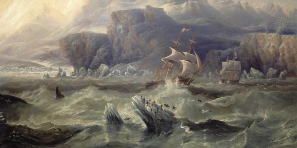 19th century oil painting with stormy sea and ship approaching Antarctic coast