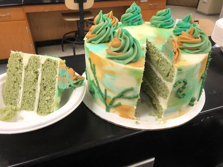 cake with green and orange icing cut open revealing green interior