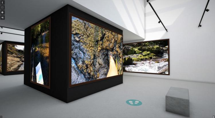 Virtual museum environment with images hanging on walls
