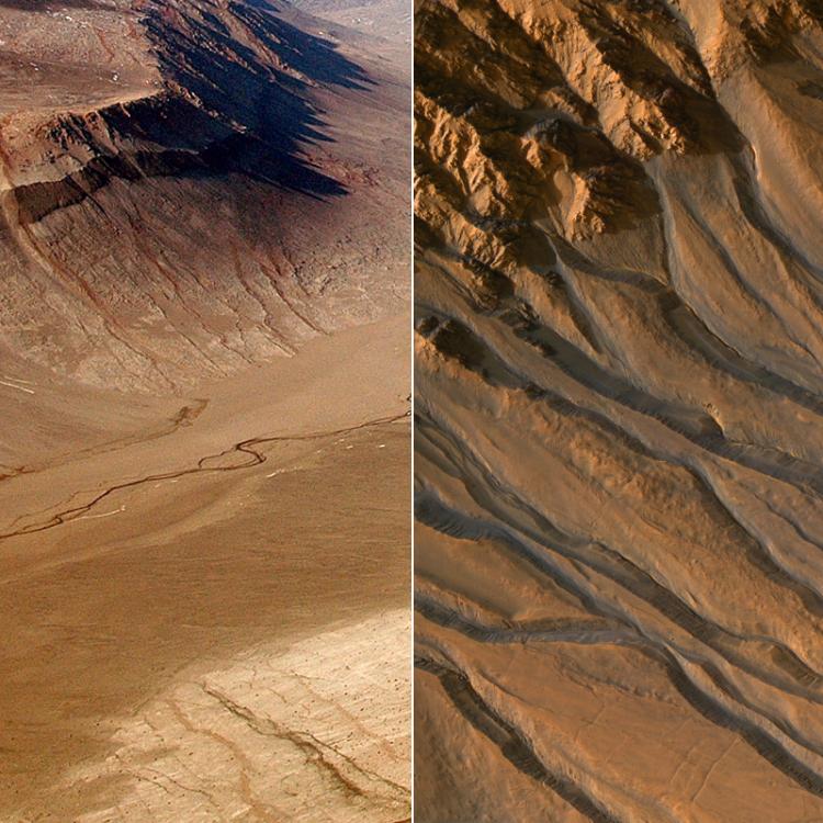 Antarcitic landscape compared to Mars landscape, both with brown soil and dried river beds