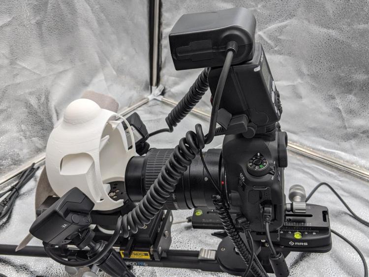 The Entomology collection’s new photography setup. The rotating mount is on the left, surrounded by the white plastic diffuser.