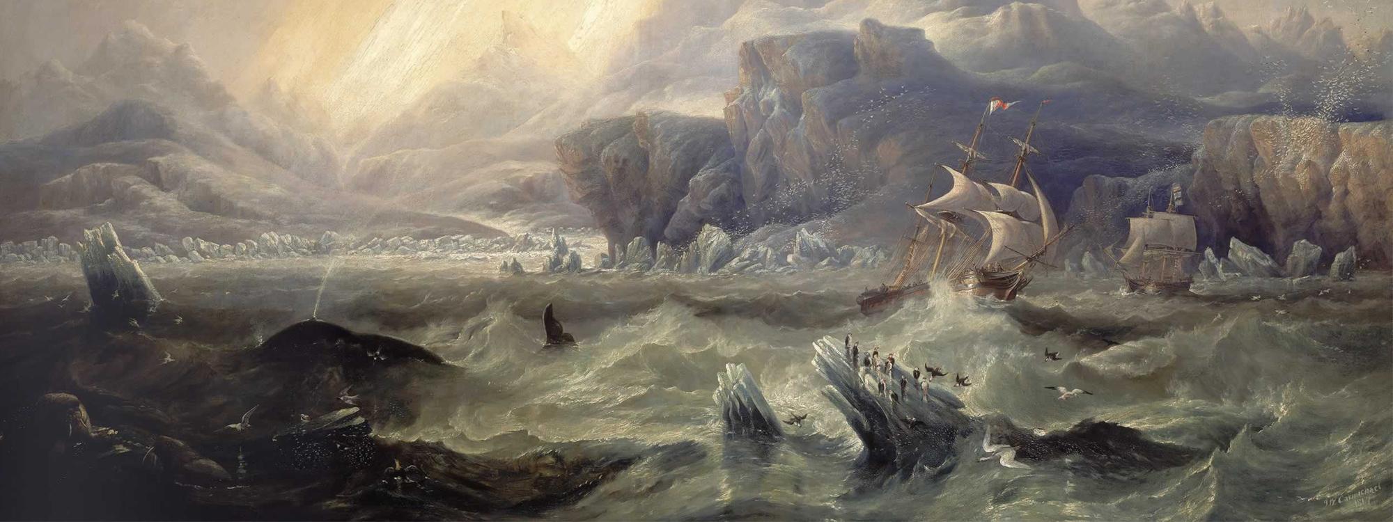Oil painting of stormy sea with boat approaching anatartic coast
