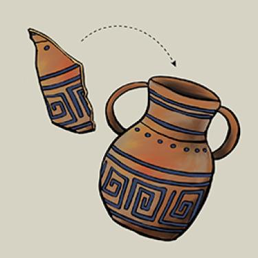 Drawing of a pot shard and a whole pot, with an arrow connecting them.