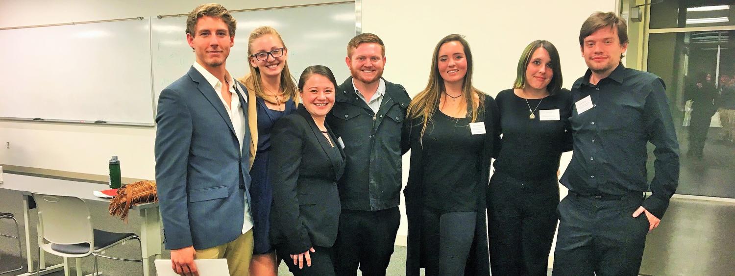 CU philosophy graduate student and Ethics Bowl coach Zak Kopeikin (center) with the 2016-17 CU Ethics Bowl team