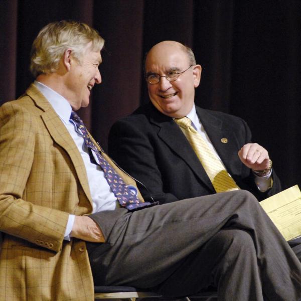 Former Senator Timothy Wirth and CU Boulder Chancellor Phil DiStefano share a laugh