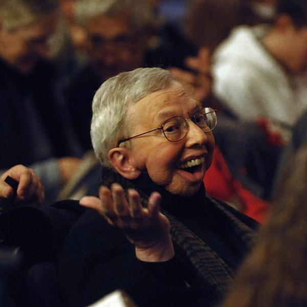 CWA speaker Roger Ebert smiles in the crowd in Macky Auditorium