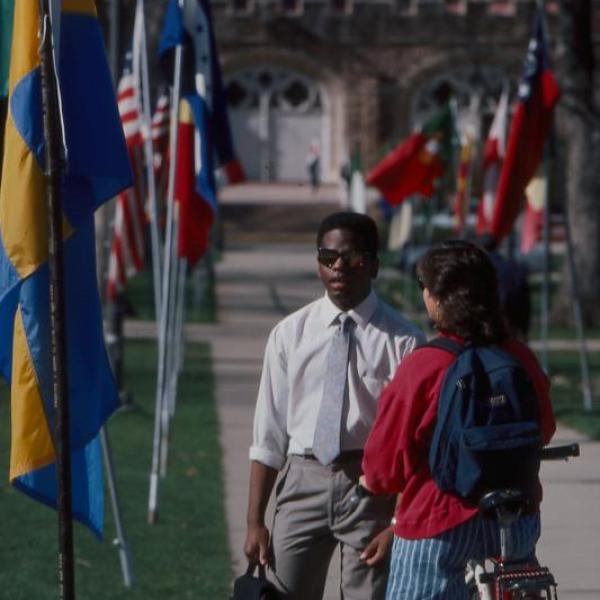 Students stand among the flags during CWA week