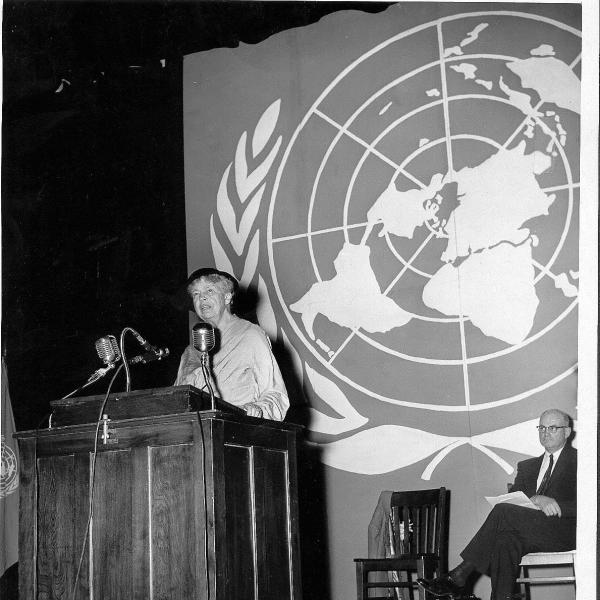 Former First Lady Eleanor Roosevelt speaks at the Conference on World Affairs