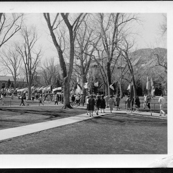 The CWA flags fly on the CU Boulder campus in the 1960's.