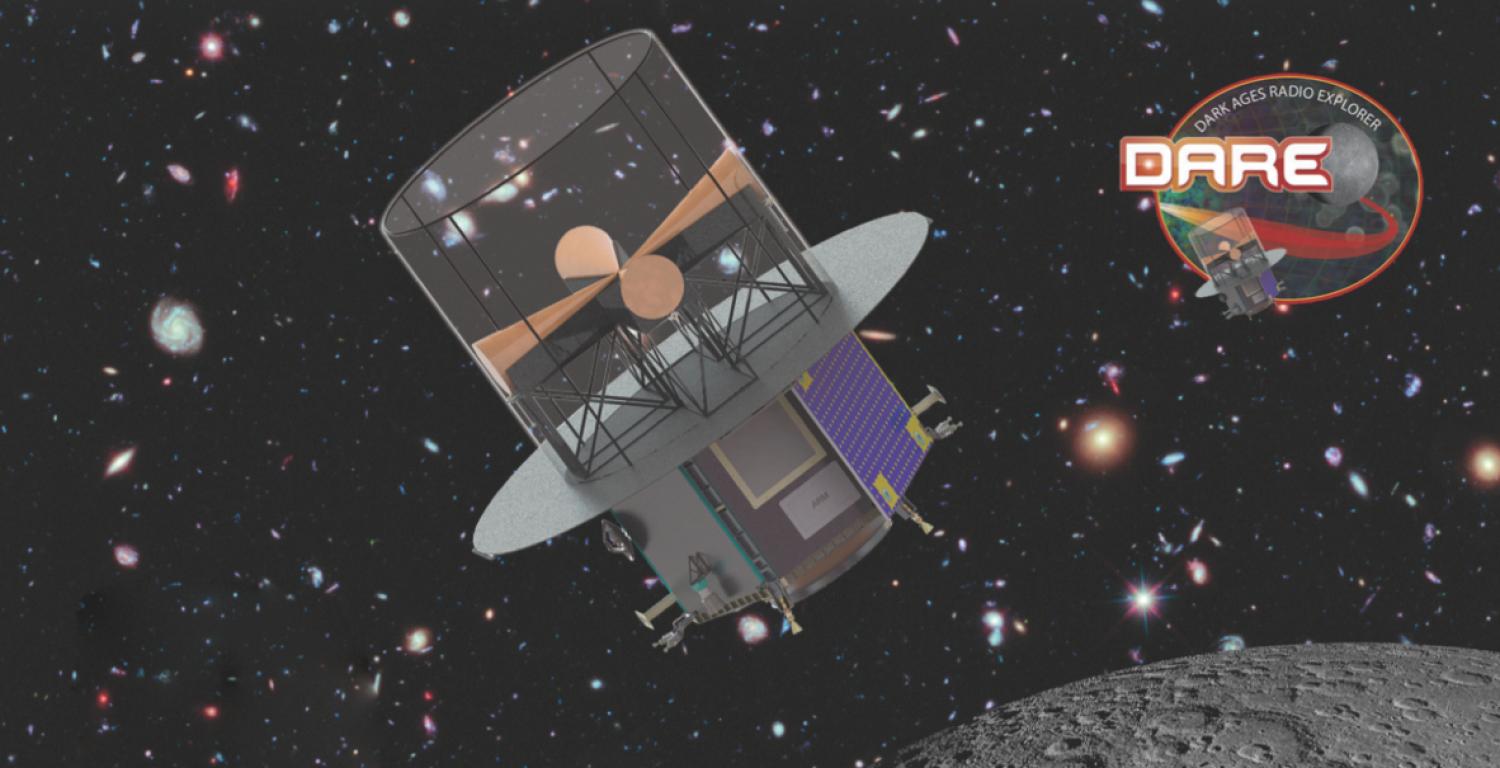 DARE Mission spacecraft with Moon and Universe in the background with DARE logo
