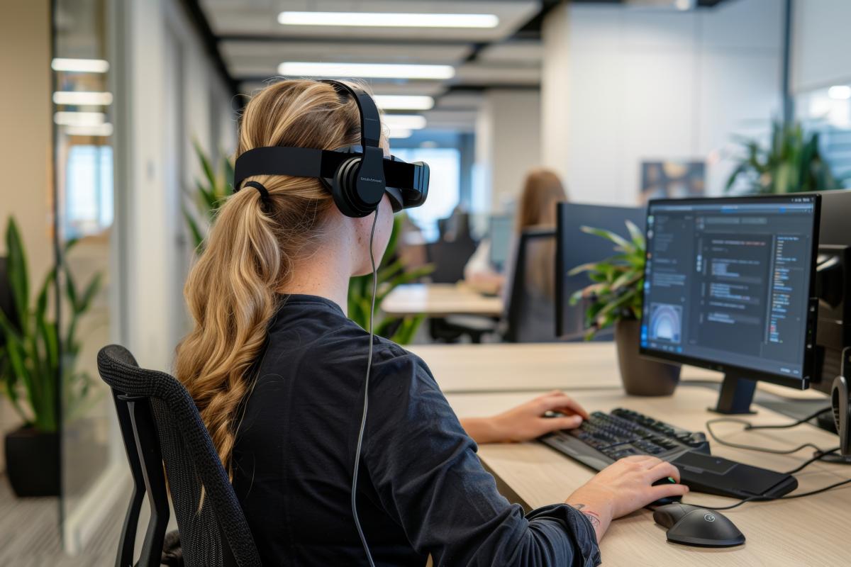 Woman uses a screen reader and headphones while working at a computer.