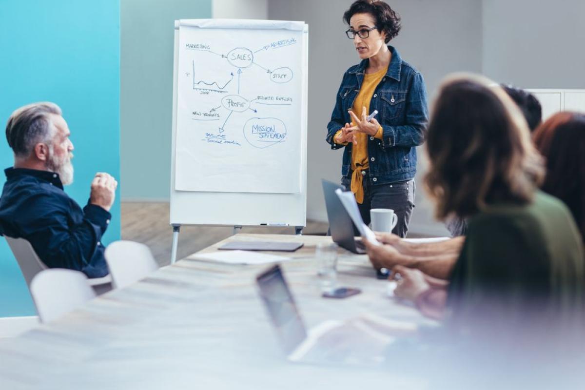 Instructor explaining business strategy on a board while team looks on