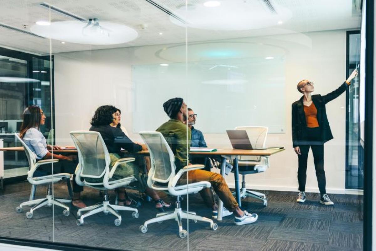 Young businesswoman giving a presentation in a boardroom