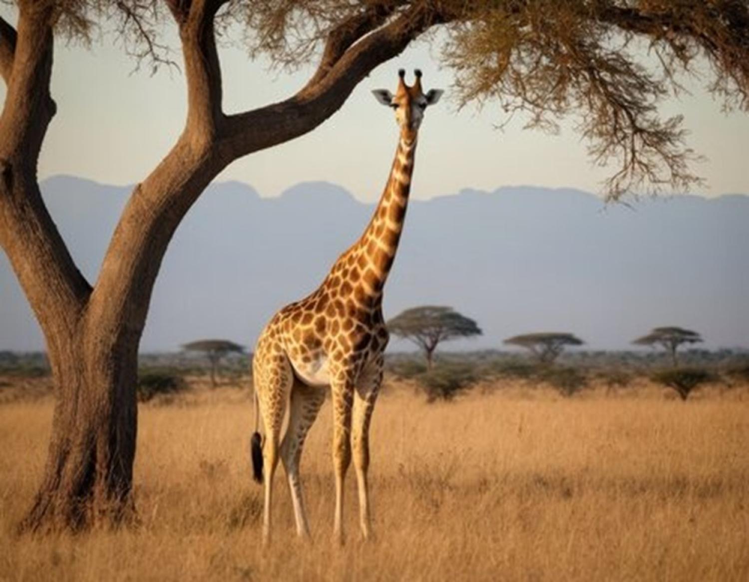 A giraffe standing in a dry, grassy savanna.