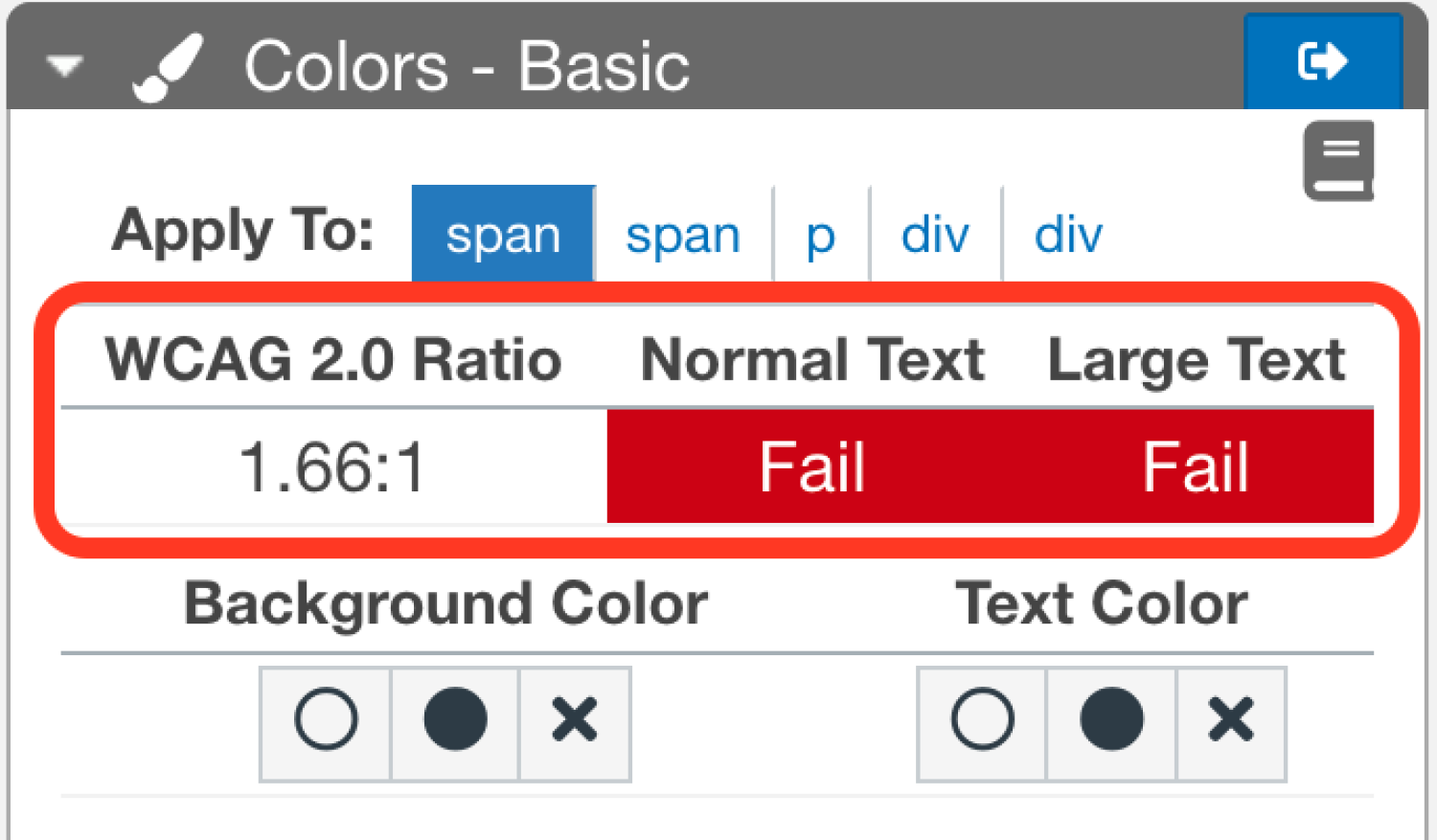 The Colors - Basic panel shows that the text fails to have sufficient color contrast for both normal and large text.